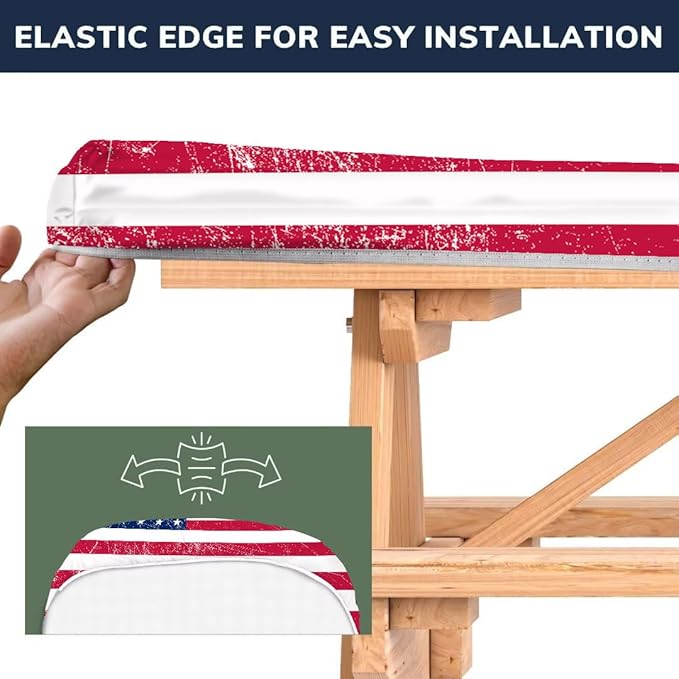 CAPSCEOLL Fitted Picnic Table Cover with Bench Covers 4Th of July Waterproof Camping Tablecloth All-Weather Outdoor Table Protector with Drawstring Bag for Camping Essentials, 72X30in, American Flag
