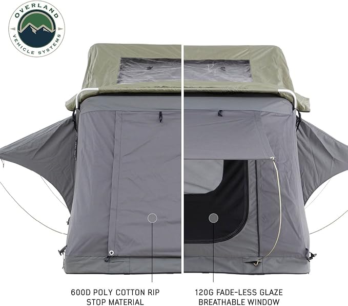 Overland Vehicle Systems HD Nomadic 4 Extended Soft Shell Roof Top Tent - Dark Gray Base with Green Rain Fly & Black 1000G PVC Travel Cover - Black Aluminum Base