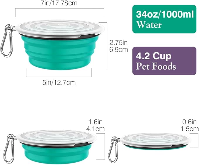 Pawaboo Collapsible Dog Bowls 2 Pack, Silicone Feeding Watering Bowls with Lids & Carabiners for Dogs Cats, Portable Water Feeder Food Bowl for Walking Traveling Home Use, 1000ml, Violet+Turquoise