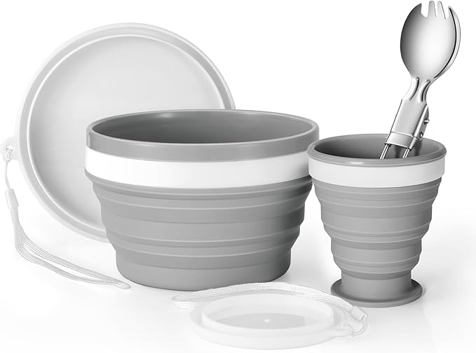 Odoland Camping Collapsible Silicone Cup and Bowl Set for 1 Person, Portable Mess Kit with Spoon and Lid for Adults Backpacking, Family Cookware, Hiking, Picnic, Travel
