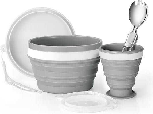 Odoland Camping Collapsible Silicone Cup and Bowl Set for 1 Person, Portable Mess Kit with Spoon and Lid for Adults Backpacking, Family Cookware, Hiking, Picnic, Travel
