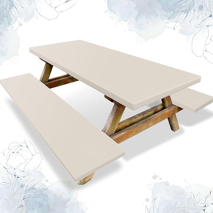 3 Pcs Picnic Table and Bench Fitted Tablecloth Cover for 6 Ft Table 30 x 72 Inch Vinyl Fitted Elastic Edges Waterproof Wipeable Tablecloth for Indoor Outdoor Travel Picnics Patio Camping (Beige)