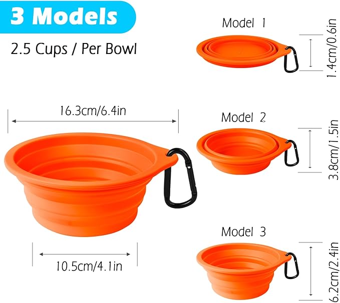 PetBonus 2-Pack Silicone Collapsible Dog Bowls, BPA Free Dishwasher Safe, Portable Foldable Expandable Travel Bowl, Food Water Feeding Cup Dish for Dogs Cats with 2 Carabiners (Orange, Yellow)