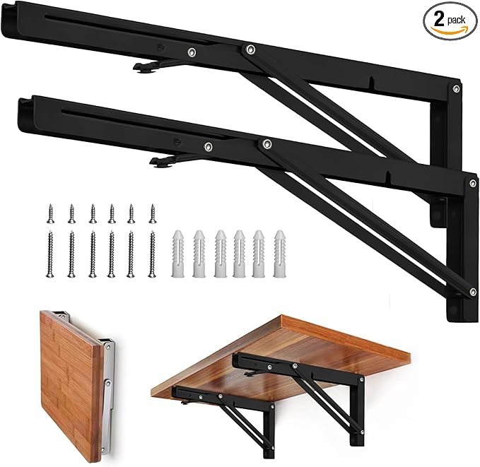 Storystore Folding Shelf Brackets - 22 Inch Heavy Duty Metal Collapsible Shelf Bracket for Bench Table, Shelf Hinge Wall Mounted Space Saving DIY Bracket, Max Load: 150 lb (2 PCS, Black)