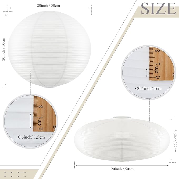 2 Pcs Chinese Paper Lanterns 20 Inch White Lampshade, Large Round and Oblate Pendant Lamp Shade, Rice Paper Lampshade Ceiling Foldable light shade for Interior Home Decoration