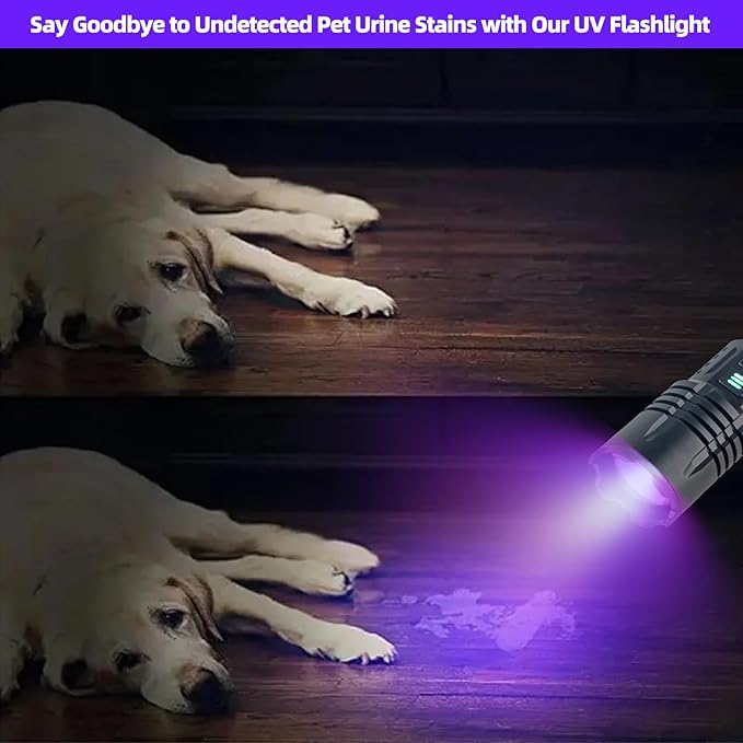 Super Bright High Lumen UV & White Flashlights,Zoomable Rechargeable Hand Held LED Tactical Flashlight with 6 Modes,Waterproof, 2-in-1 Powerful Flash Light for Pet Urine,Camping,Emergency