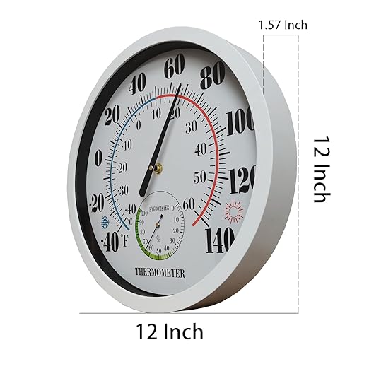 Indoor Outdoor Thermometer Large Numbers 12 Inch Wall Weather Thermometer Hanging Garden Decor Hygrometer No Battery Needed (White)