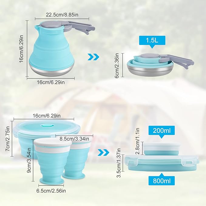 Portable Collapsible Camping Kettle, 1.5L/ 52OZ Foldable Silicon Coffee Pot for Outdoor Camping, Hiking, Traveling, with 1 Collapsible Bowl and 2 Collapsible Cups, Excellent Gift