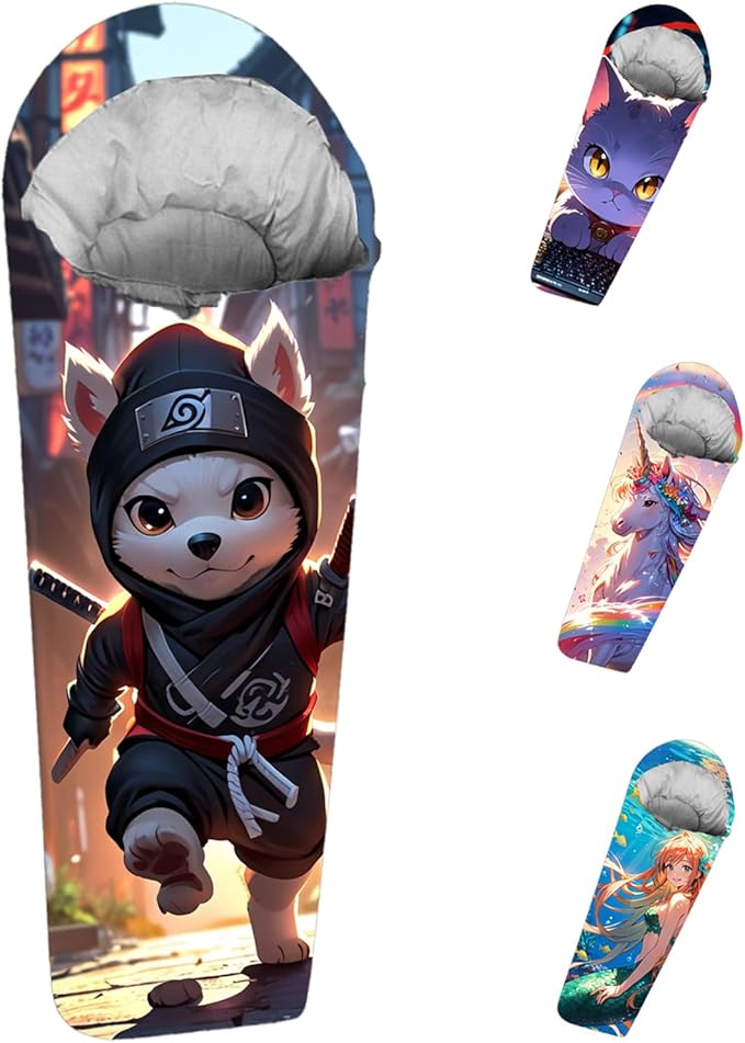 Mummy Style 32 – 59F Kids Sleeping Bag with Pillow Sleeve, Full Scale Digital Printing Unicorn, Mermaid, Kitty or Puppy, Lightweight, Ideal for Camping, Sleepover, Boys, Girls, Youth and Toddlers