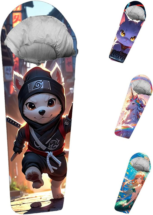 Mummy Style 32 – 59F Kids Sleeping Bag with Pillow Sleeve, Full Scale Digital Printing Unicorn, Mermaid, Kitty or Puppy, Lightweight, Ideal for Camping, Sleepover, Boys, Girls, Youth and Toddlers