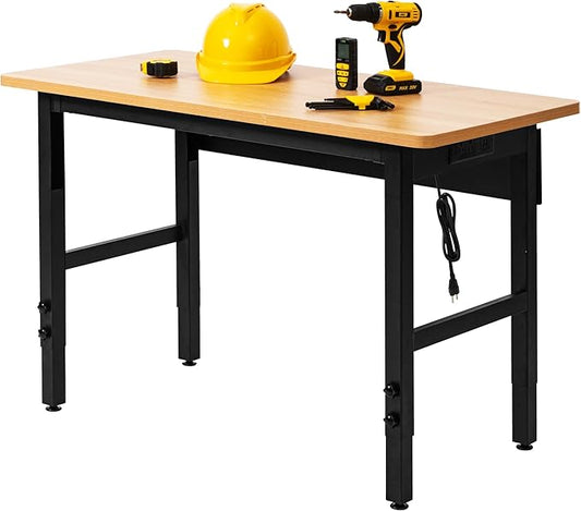 48" Adjustable Workbench with Power Outlets, Work Table for Garage, 2000 LBS Capacity Hardwood Work Bench, Heavy Duty Table for Workshop, Office, Garage, Home