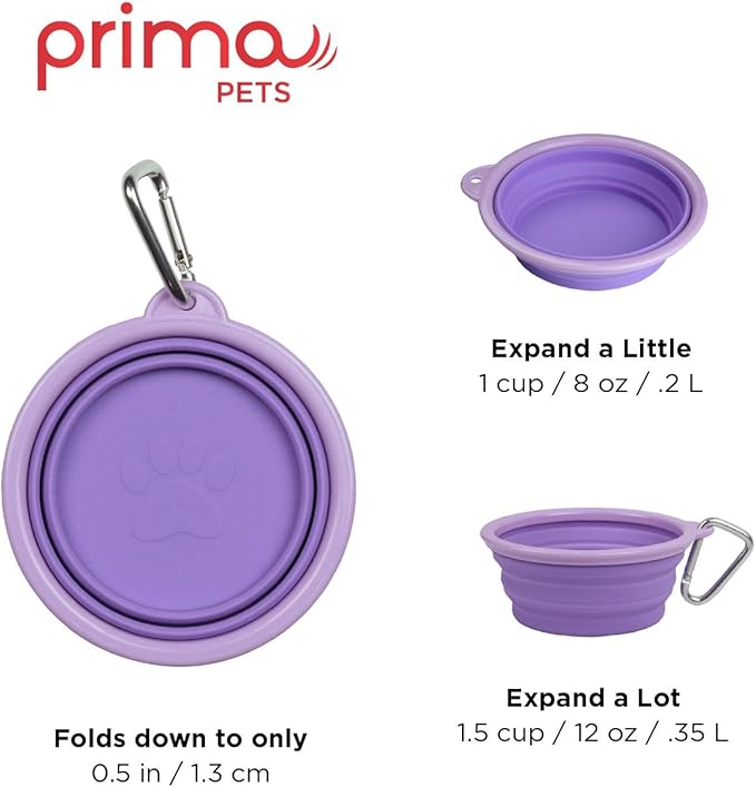 Prima Pet Collapsible Silicone Food and Water Travel Bowl with Clip for Dog and Cat, Small (1.5 Cups)