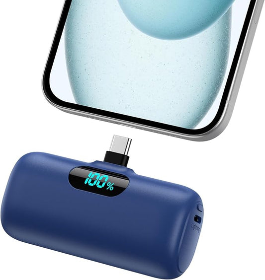 Mini Portable Charger USB C Power Bank,Upgraded 5000mAh PD Fast Charging Battery Pack Built-in USB-C Connector,LCD Display,Compatible with iPhone16,16 Plus,16Pro/Max/15,iPad Pro/Air (Dark Blue)