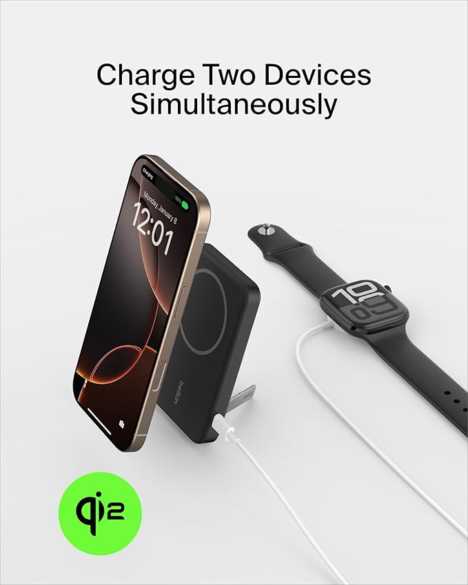Belkin Portable Charger, Wireless Power Bank 15W 5000mAh w/ Qi2, MagSafe Charger + Built-in Pop-up Kickstand - Compatible w/iPhone 17, Air, Pro, Pro Max, Google Pixel 10, etc. - Black
