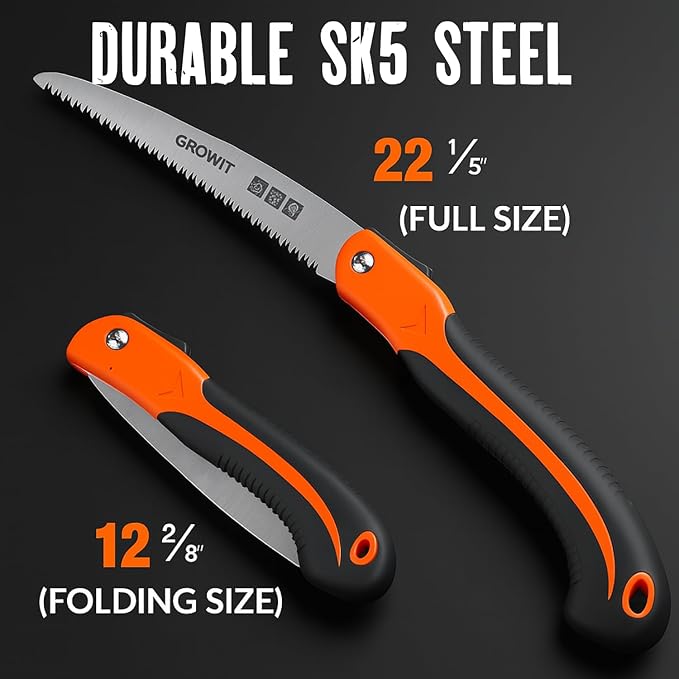 GROWIT Folding Camping saw 11 Inch - Heavy Duty Pruning Saw with Triple-Cut SK5 Blade, 7 TPI Razor Teeth for Tree Trimming, Wood Cutting, Camping, Bushcraft, and Gardening