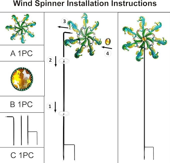 Seahorse Wind Spinners - 39" Ocean-Themed Metal Wind Sculptures Garden Stake Art, 13.5” Windmill Yard Kinetic, Outdoor Decor for Patio & Lawn - Metal Beach Sculpture with Seahorse Design