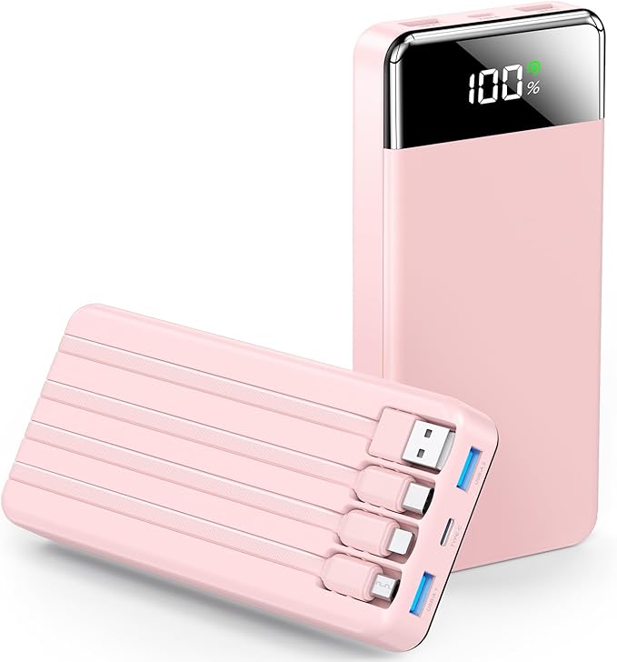 SABANI Portable Charger 35000mAh Power Bank - Portable Battery with 4 Built in Cables, 22.5W Fast Charging Battery Pack Compatible with iPhone 16 15 14 13 Samsung Android Phone etc (1 Pack, Pink)
