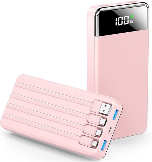 SABANI Portable Charger 35000mAh Power Bank - Portable Battery with 4 Built in Cables, 22.5W Fast Charging Battery Pack Compatible with iPhone 16 15 14 13 Samsung Android Phone etc (1 Pack, Pink)