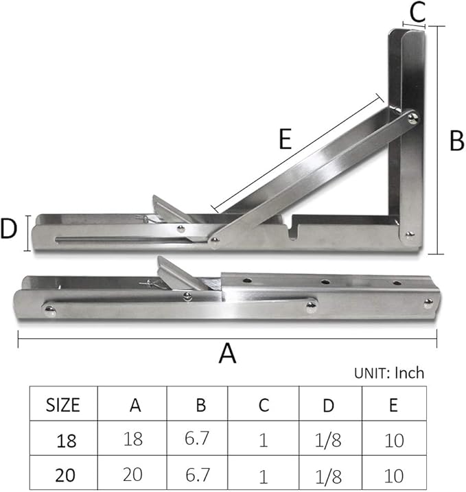 Storystore Folding Shelf Brackets - 20 Inch Heavy Duty Stainless Steel Collapsible Shelf Bracket for Bench Table, Space Saving DIY Bracket, Max Load: 550lb