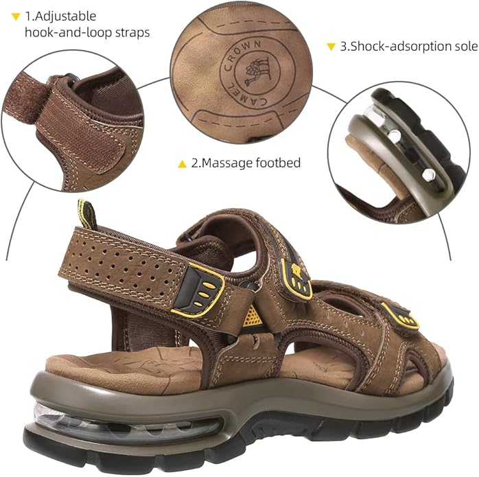 CAMEL CROWN Men's Leather Sandals for Hiking Walking Beach Treads Water Athletic Outdoor with Premium Air Cushion | Waterproof