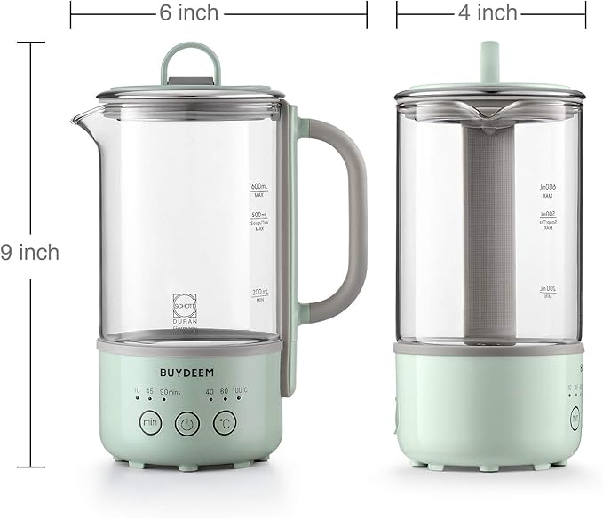 BUYDEEM K313 Travel Electric Kettle, Mini Healthy-Care Beverage Kettle, Tea Maker with Heat Resistant DURAN® Glass & Durable Pro 18/10 Pro Stainless Steel, 0.6L, Cozy Greenish