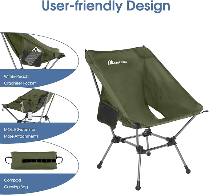 MOON LENCE Camping Chair Plus, Upgraded Comfort & Size, Still Compact and Lightweight, Folding Portable Chair for Backpacking & Hiking, 400Lbs Capacity, Gen 3 Plus (Green 2 Pack (Plus))