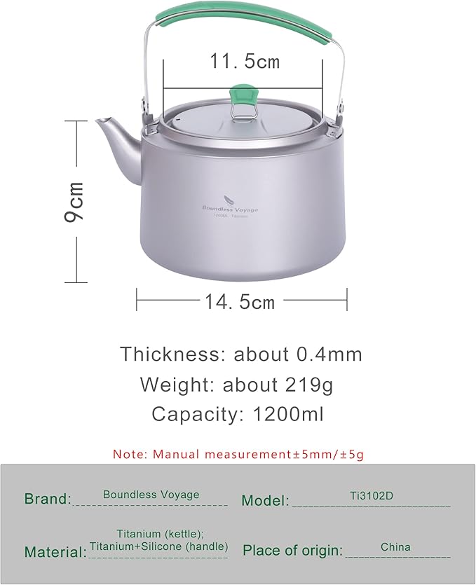 Boundless Voyage Titanium Kettle 800ml/1200ml with Folding Handle Filter Outdoor Camping Big Capacity Teapot (1200ml)