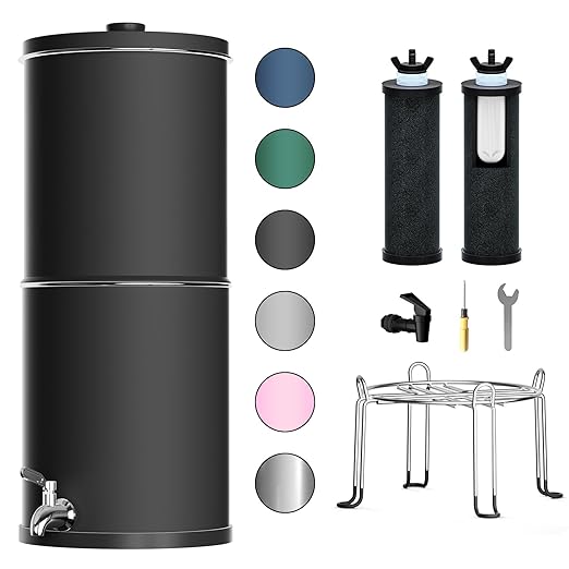 Purewell 3-Stage 0.01μm Ultra-Filtration Gravity Water Filter System, NSF/ANSI 42&372 Certification, 304 Stainless Steel Countertop System with 2 Filters and Stand, Reduce 99% Chlorine, 2.25G, PW-OB