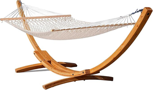 Lazy Daze Hammocks 12 FT Double Rope Hammock and 13 FT Natural Wooden Arc Stand, 2 Person Hand Woven Cotton Hammock with Spreader Bar for Outdoor Patio Poolside, 450 lb Capacity, Natural