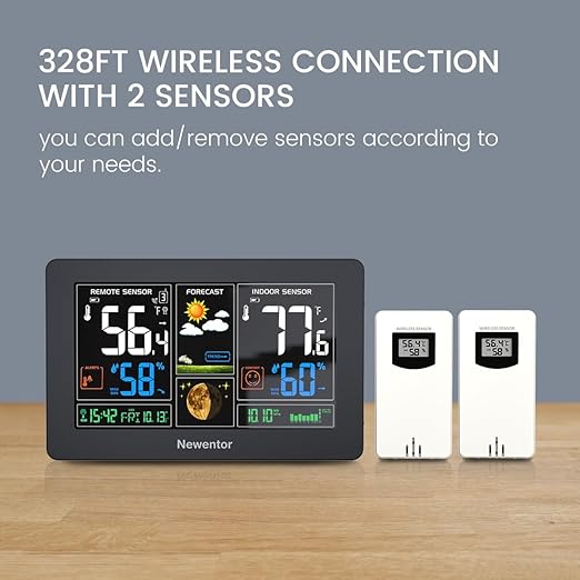 Newentor Weather Station Wireless Indoor Outdoor Thermometer, Color Display Digital Weather Thermometer with Atomic Clock, Barometric Pressure, Forecast Station with Adjustable Backlight,Black,2Sensor
