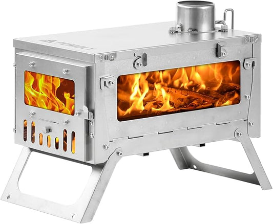 Camping Hot Tent Stove Wood Stove, POMOLY Ti Mini 0.6 Portable Lightweight Titanium Stove for Hiking, Cooking, Heating (Stove Pipe 6.56ft / 2m), Small, Slivery