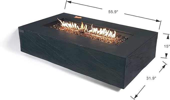 Elementi+ | Cape Town Gas Fire Pit Cast Concrete 56" Rectangular Fire Table, Outdoor Fire Pit Electronic Ignition | Canvas Cover, Fire Glass and Burner Lid Included | Dark Gray | Natural Gas