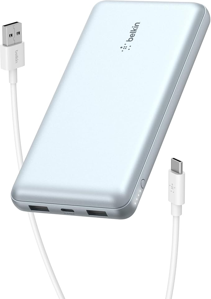 Belkin Portable Charger, USB-C Power Bank 20000 mAh w/ 2 USB-A Ports, 15W w/Type-A to Type-C Cable for iPhone 17, Air, Samsung Galaxy S25, iPad, Nintendo Switch 2, Google Pixel 10, etc. - Pearl Blue