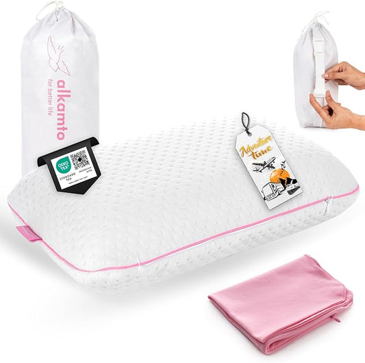 Memory Foam Pillow for Travel and Camping with Extra Cotton Cover – Easy to Carry Portable Bag (Pink)