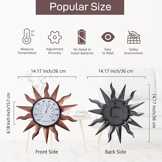 VEWOGITF 14" Sun Outdoor Thermometer, Retro Indoor Wall Thermometer No Need Battery, Metal Thermomter for Patio Garden Living Room Decor