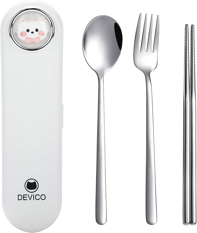 DEVICO Travel Utensils with Case Cute, Reusable Silverware for Lunch, Portable Cutlery Set, 18/8 Stainless Steel Fork Spoon Chopsticks in Cartoon Case, Dishwasher Safe (White)