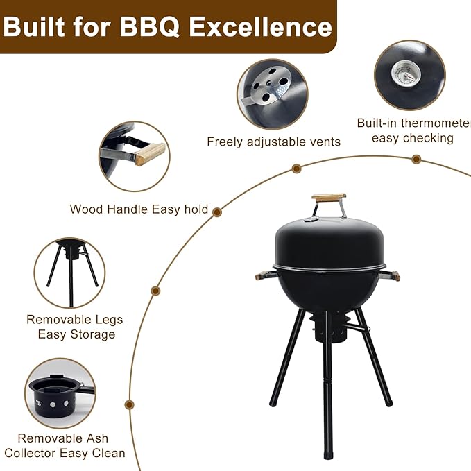 17 Inch Portable Charcoal Grill with Removable Legs, Porcelain Enamel BBQ Kettle with Ash Catcher and Wooden Handle for Camping, Tailgating, Patios, Backyards, Outdoor Cooking & Picnics
