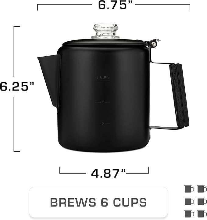 COLETTI Black Bozeman Percolator Coffee Pot — Camping Coffee Pot, Coffee Percolator Stovetop – America’s Sleekest Percolator – Pure Stainless Steel, NO Aluminum or Plastic (6 Cup)