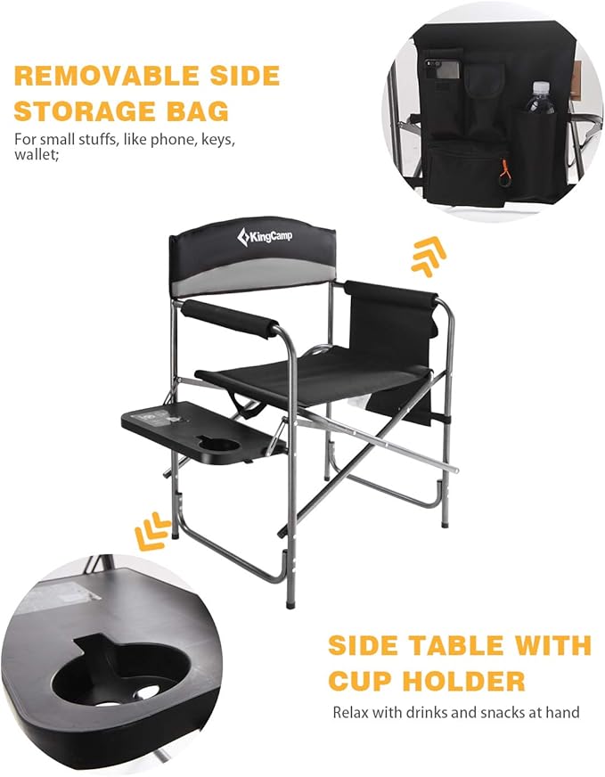 KingCamp Camping Foldable Padded Director Arm Chair with Side Table and Pocket, Grey