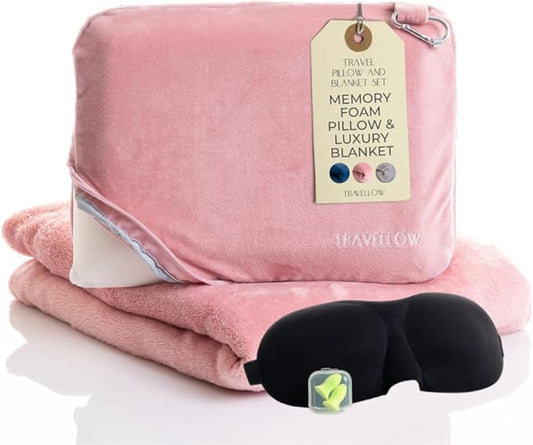Travel Pillow and Blanket Set - 4-in-1 Ultimate Travel Kit with Memory Foam Pillow, Travel Blanket, Sleep Mask, and Earplugs-Ultimate Comfort and Coziness for Your Journeys - Pink
