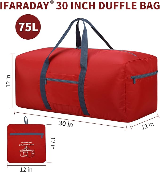 Foldable Duffle Bag for Travel - 75L Large Spare Travel Duffel Bag Lightweight with Trolley Sleeve - Red