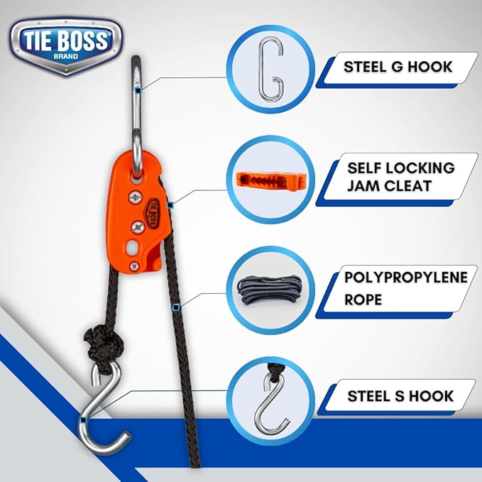 Tie Boss - 1/4 Inch, Medium Duty, (150 lbs Working Load Limit), Weather Resistant, Tie Down, Rope Tightening System, (w/15 ft Rope) (Pack of 1) (Orange)