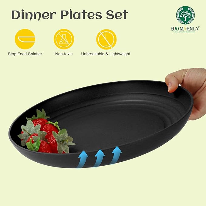 Homienly Wheat Straw Plates Set - 11 inch Reusable Large Dinner Plates Set of 8, Lightweight Unbreakable Salad Plates, Microwave and Dishwasher Safe Plates, Deep Plates for Dinner, Camping - Black