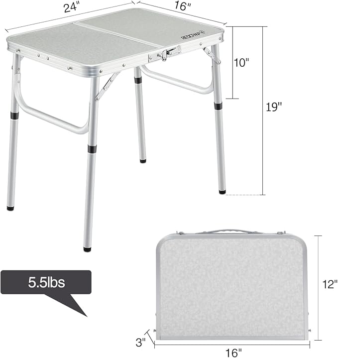 REDCAMP Small Camping Table 2 Foot, Portable Aluminum Folding Table Adjustable Height Lightweight for Picnic Beach Outdoor Indoor, White 24 x 16 inch