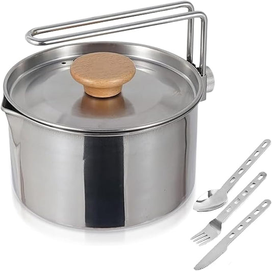 BSGB Camping Pot with Lid Fork Knife Spoon Bag and Detachable Handle 1L/34oz 304 Stainless Steel Pot Travel Coffee Pot Camping Tea Kettle Cookware Hiking Picnic Backpacking Survival