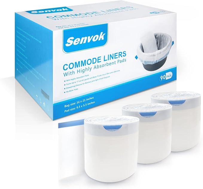 Senvok Commode Liners with Highly Absorbent Pads - 90 Pack | FSA/HSA Eligible | Leak-Proof Medical Grade Disposable Liners for Bedside Commode & Adult Toilet Care