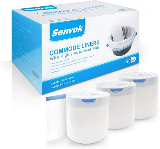 Senvok Commode Liners with Highly Absorbent Pads - 90 Pack | FSA/HSA Eligible | Leak-Proof Medical Grade Disposable Liners for Bedside Commode & Adult Toilet Care