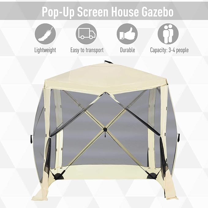 Outsunny Pop Up Camping Canopy Gazebo Screen Shelter Tent with Single Person Easy Set-Up, Ventilating Mesh, Portable Carry Bag for Outdoor Camping Party Event, 7x7FT, Beige