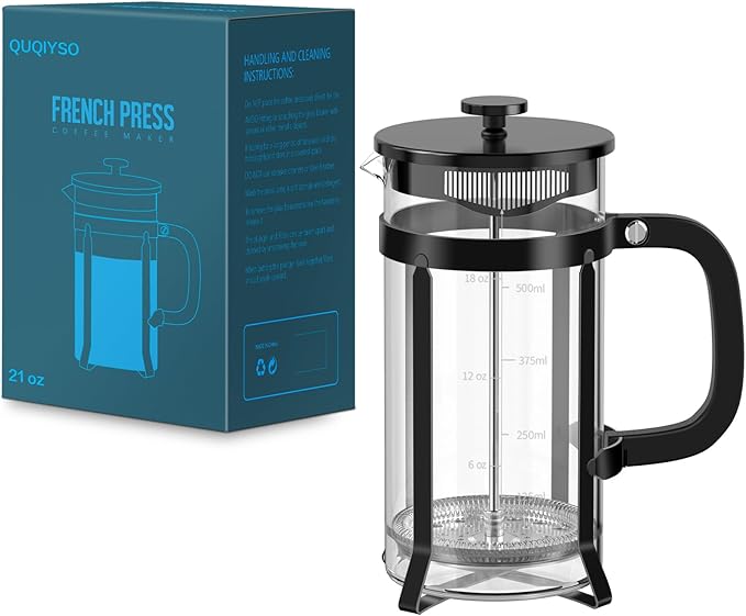 QUQIYSO French Press Coffee Maker 304 Stainless Steel French Press with 4 Filter, Heat Resistant Durable, Easy to Clean, Borosilicate Glass Coffee Press, 100% BPA Free Glass Teapot, 21 ounce, Black
