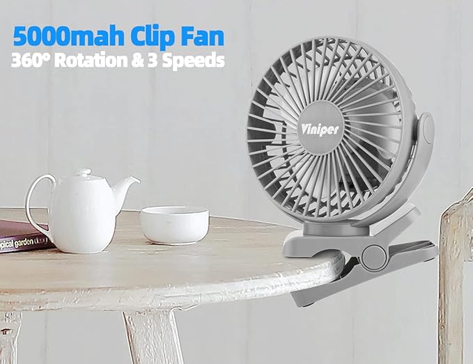 Viniper 6 inch Rechargeable Clip on Fan, 5000mah Battery Desk Fan : 360° Rotation & 3 Speeds Strong Wind Portable Fan, 8-30 Working Hours, Quiet and Powerful (Gray)
